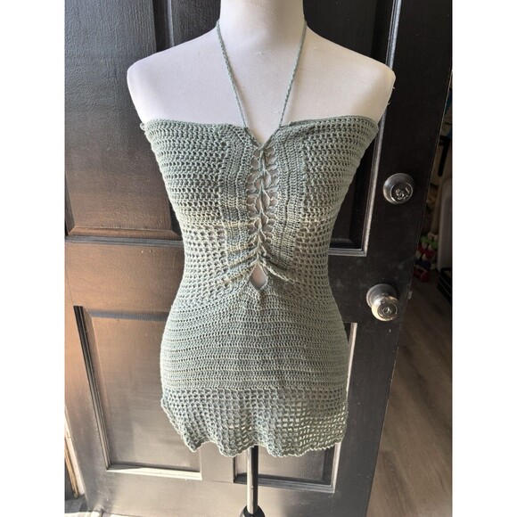 Sexy Open Knit Crochet Festival Boho Swim mini Halter Dress Coverup Teal Green - Picture 1 of 11